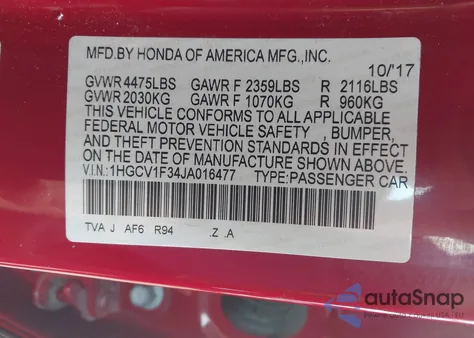 2018 Honda Accord Sport z USA, uszkodzony, nr VIN 1HGCV1F34JA016477